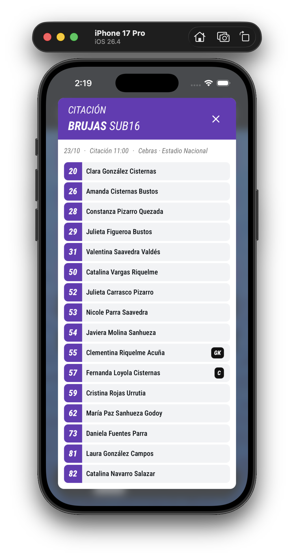 Citación de Hocki con horario, cancha y jugadoras convocadas