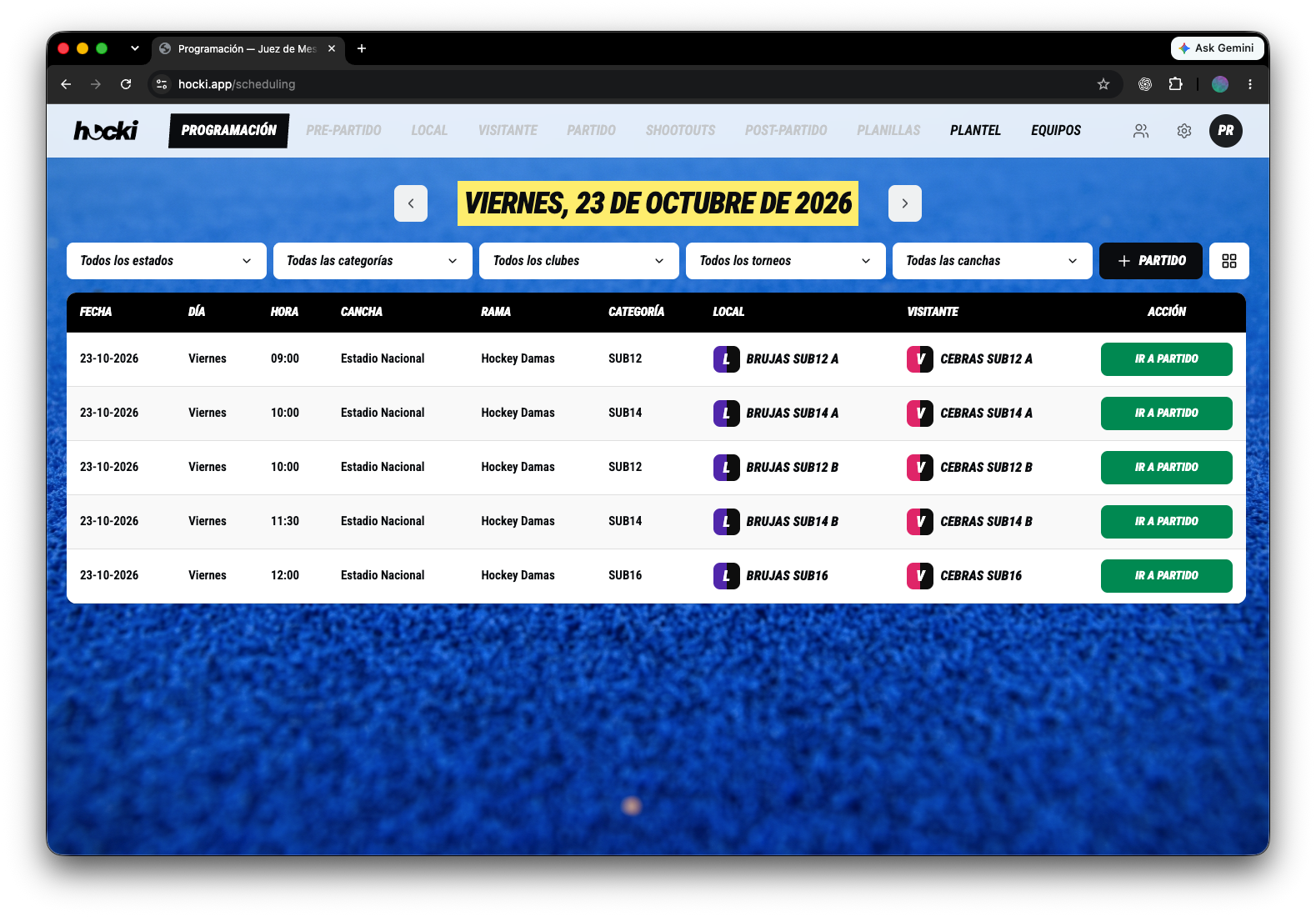 Programación de partidos de Hocki